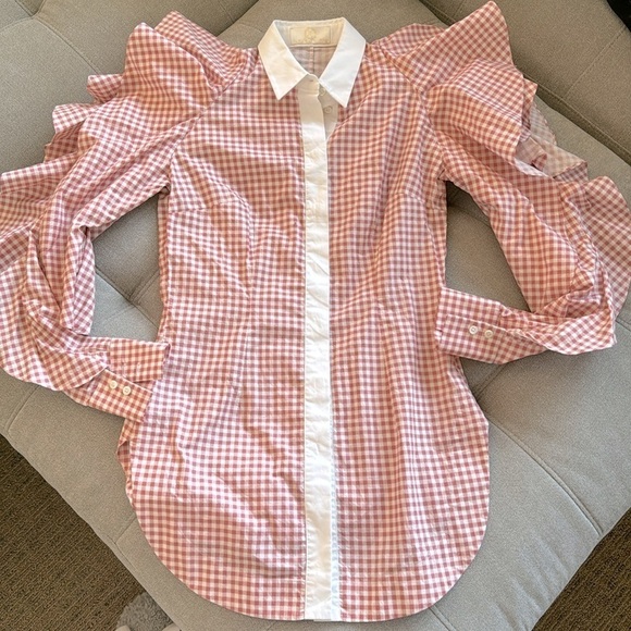 Sara Battaglia Long Sleeve Ruffle Blouse button down top new gingham pink white - Picture 2 of 9